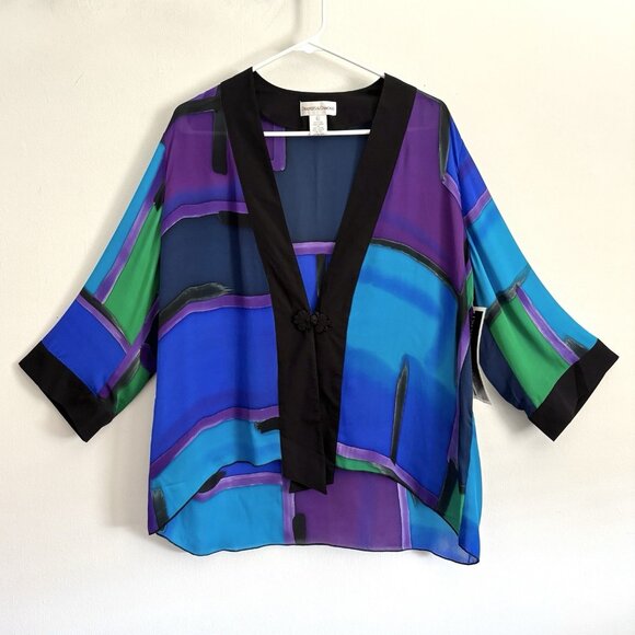 NEW Drapers & Damons Blue and Purple Silk Kimono Front Clasp Women’s Size Large - Picture 2 of 8